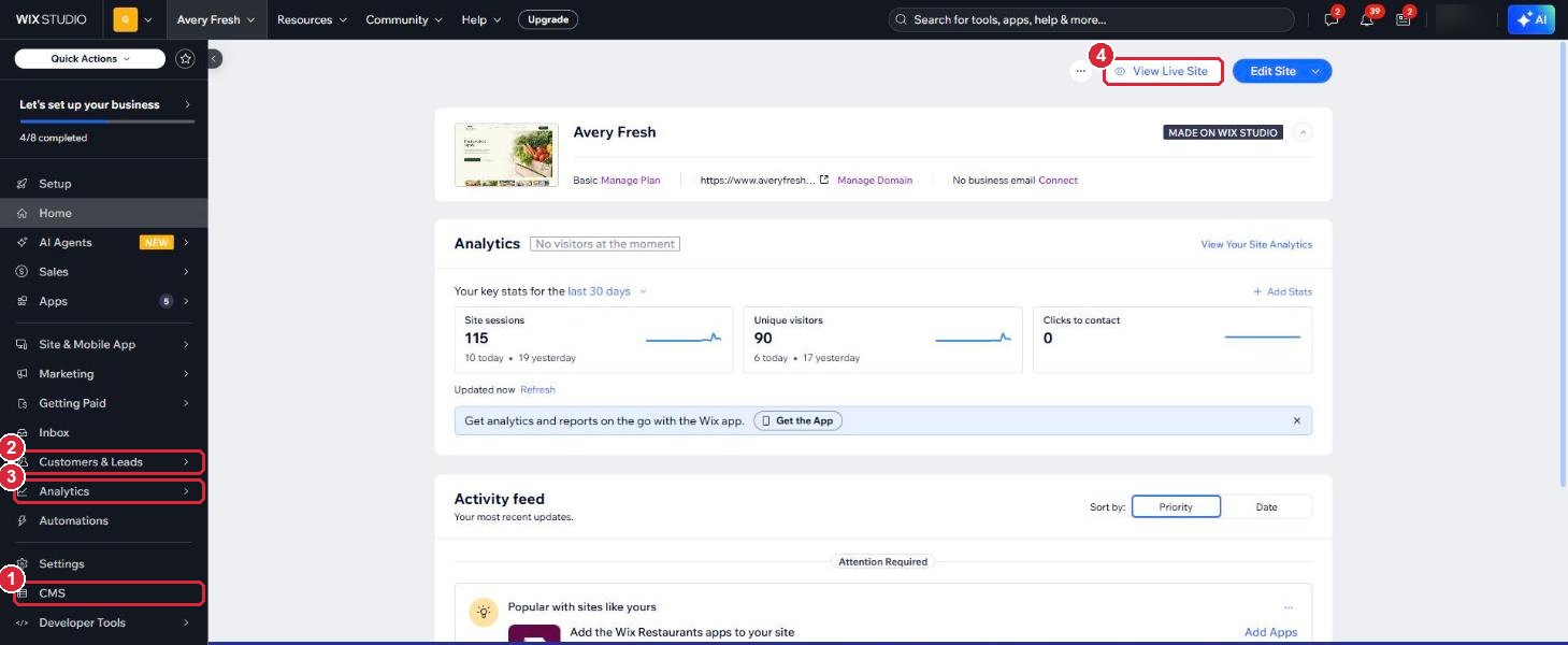The Avery Fresh Wix dashboard home page, with the CMS, Customers and Leads, and Analytics menu items marked
