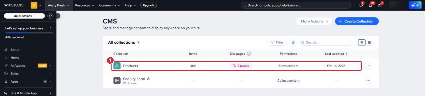 The CMS page with the Products list marked