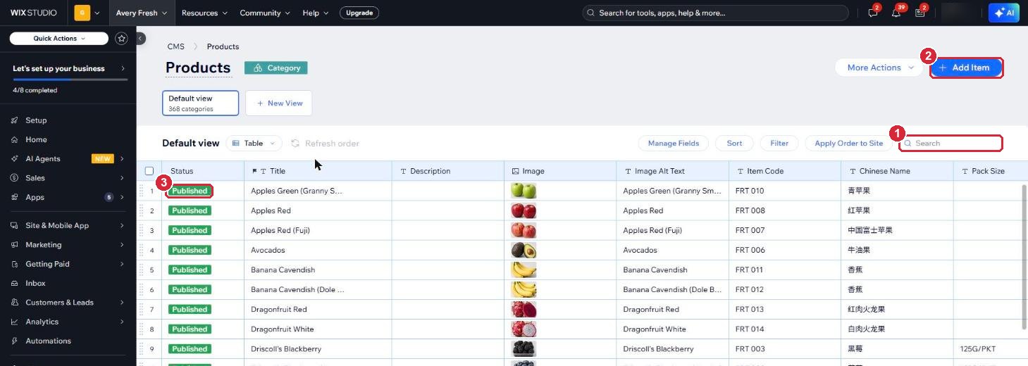 The Products list showing each product's status, name, photo, item code and Chinese name, with the search box, Add Item button and status column marked
