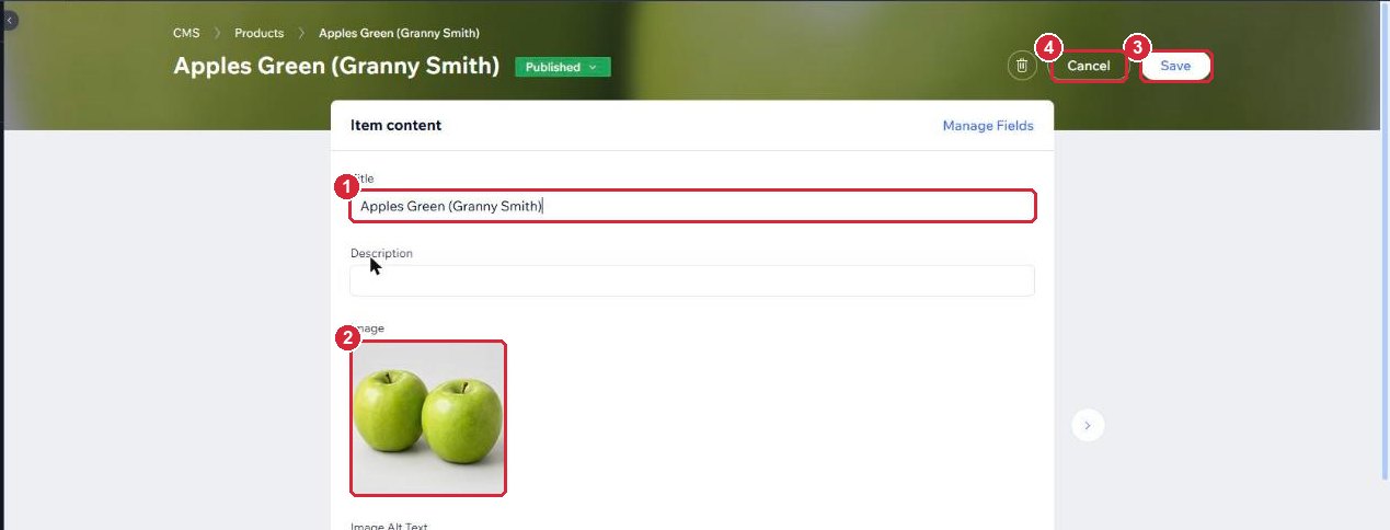 A product opened for editing, with the Title field, photo, Save and Cancel buttons marked