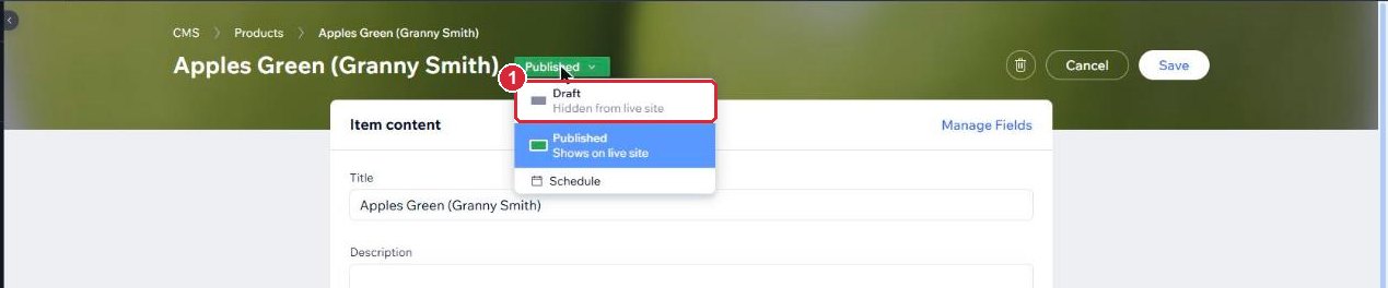 The product status menu with Draft, Published and Schedule options, Draft marked