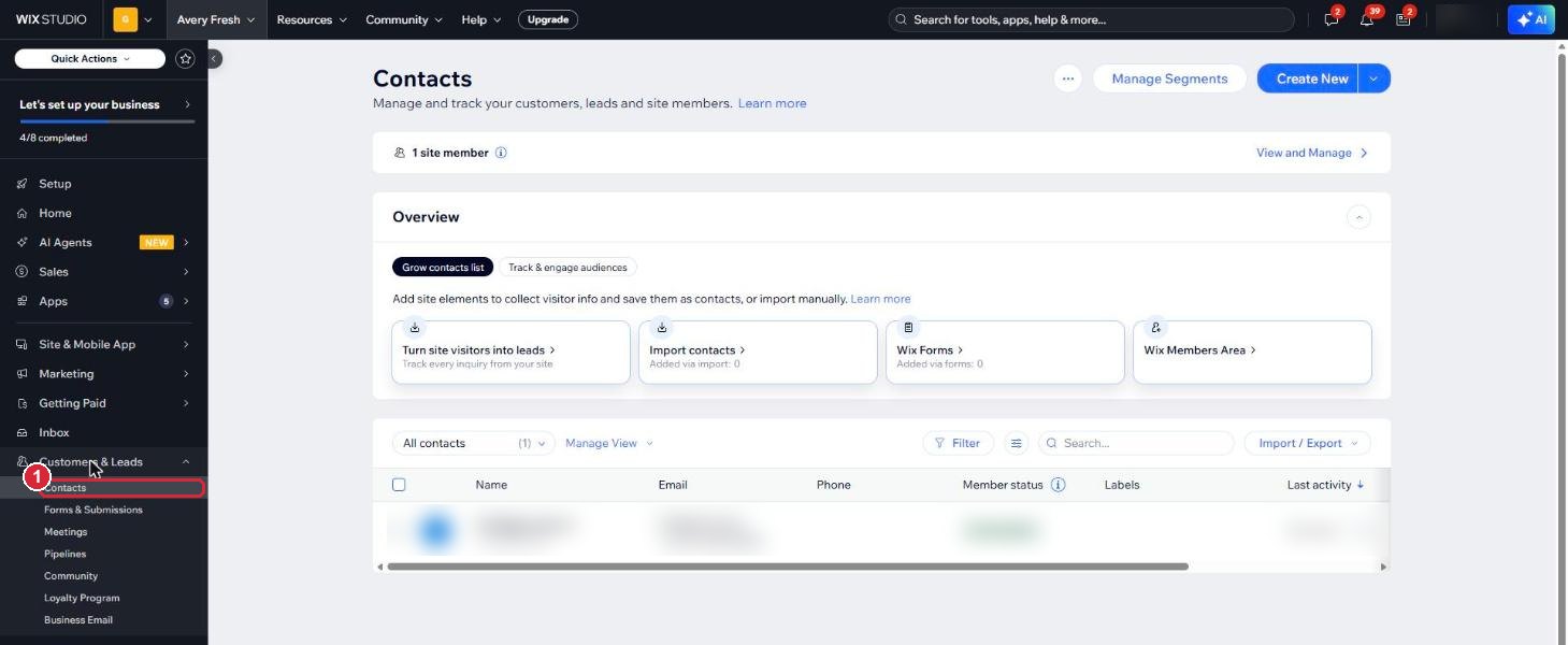 The Contacts page, with the Contacts menu item marked and the contact list blurred for privacy