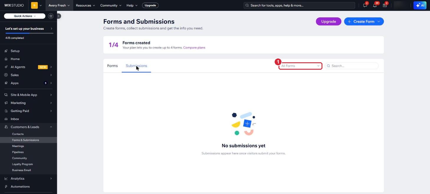 The Submissions tab with the form filter marked