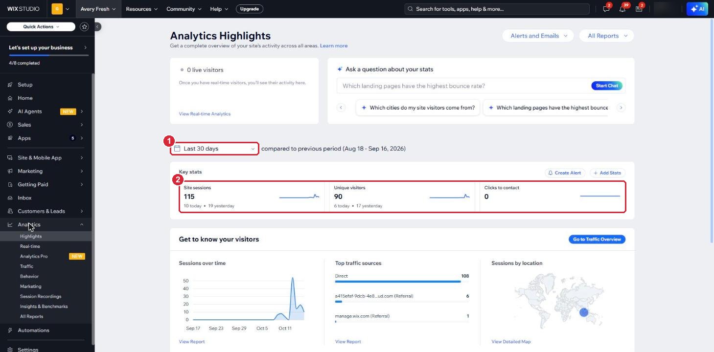 The Analytics Highlights page with the date range and key stats marked